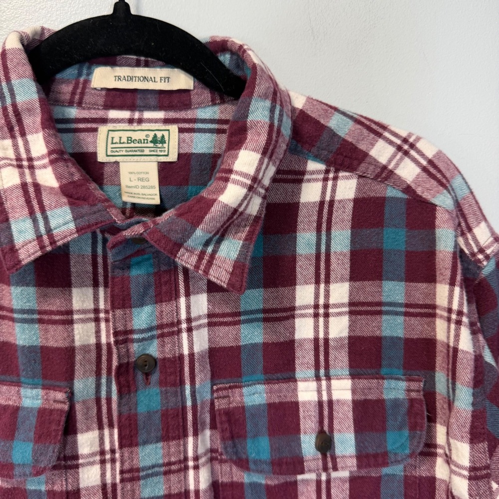 LL Bean Mens Plaid Flannel Shirt Large Traditional‎ Fit Maroon Teal Gorpcore